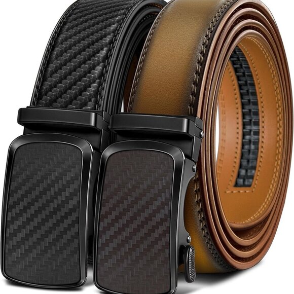 Men's Ratchet Belt 2 Pack-Click Leather Belt Adjustable for Men Gift 1 3/8-Cut f